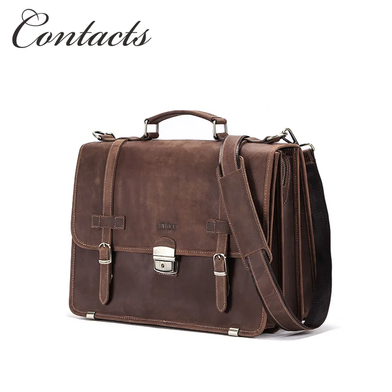 

Contacts genuine crazy horse leather vintage Men Briefcase for macbook air 13.3 inch hasp male laptop bag handbag shoulder bag