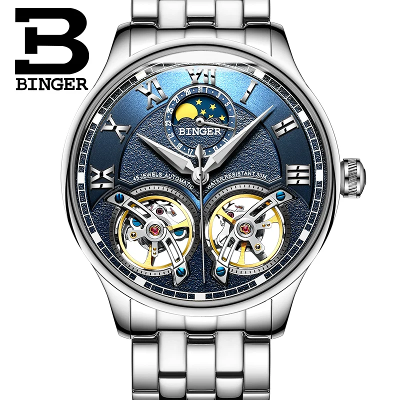

Switzerland BINGER Skeleton Automatic Watch for Men Self-Wind Fashion Men Mechanical Watches Business relogio masculino Blue