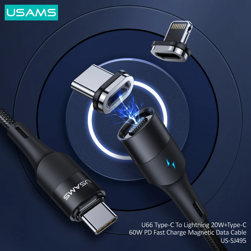 

USAMS 1,2 м 2 м PD 20 Вт 60 Вт Быстрая зарядка USB C к Type C Lightning Магнитный кабель для iPhone iPad Huawei Xiaomi Samsung