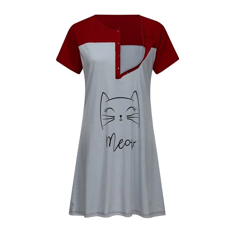 

New Short Sleeve Cartoon Print Dress Pregnant Women Lactation Cotton Dress with Round Neck Multi-season Clothing