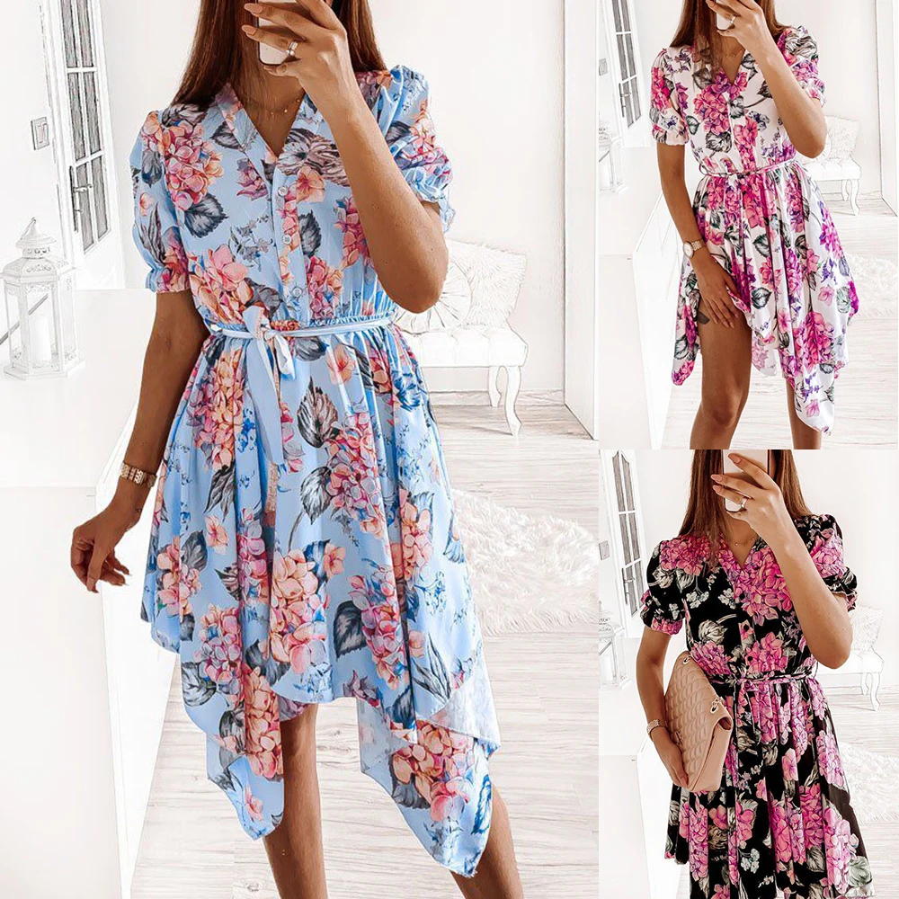 

Women's Dress V-neck Flower Print Short Sleeve Dress Single-breasted Buttons Irregular Belted Midi Dress Female Summer Dress2021