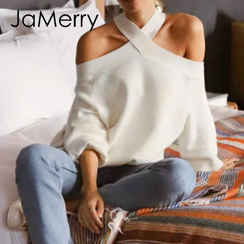 JaMerry Sexy halter cold shoulder knitted sweater women Spring casual pullover jumpers Elegant pull femmel sweaters 2020 | Женская