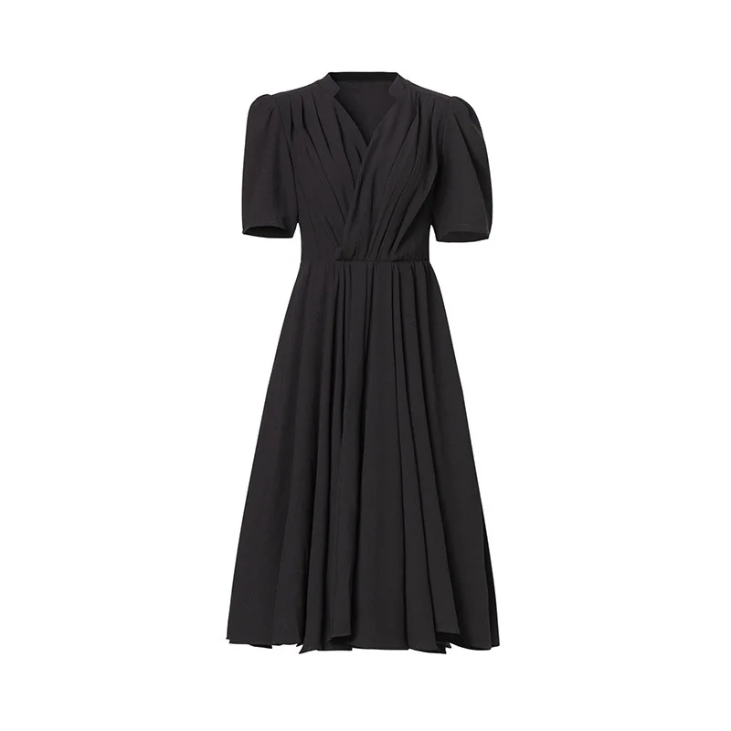 

2021 summer new dress lady imitation acetate V-neck medium length pleated waist irregular swing skirt