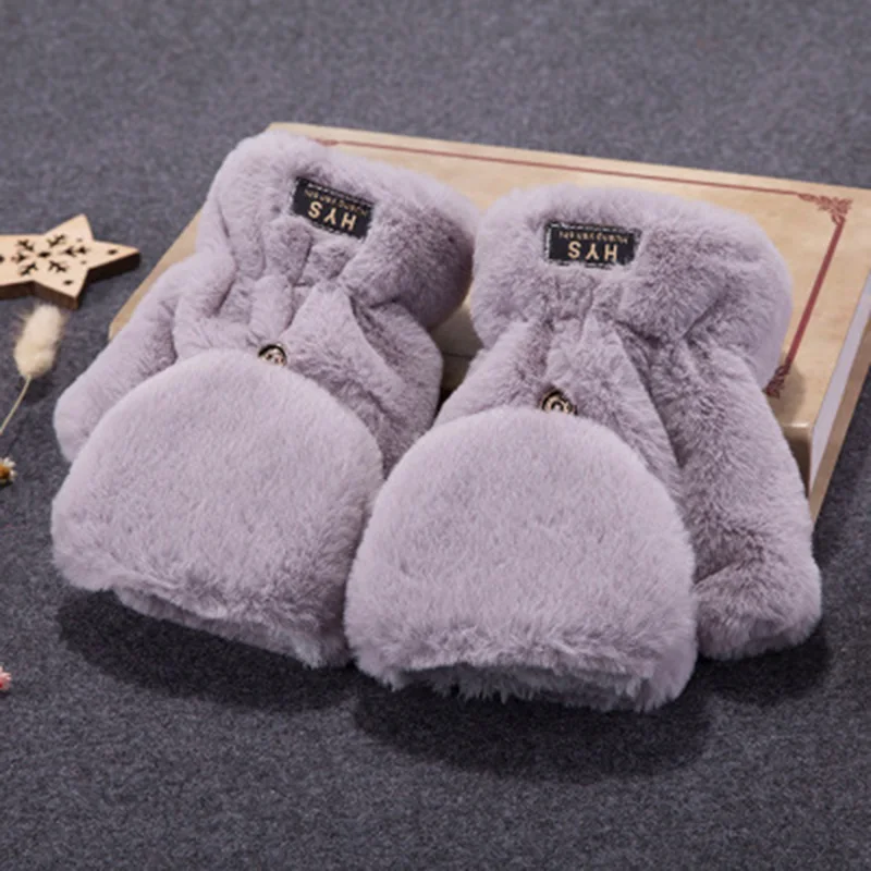 Милые женские толстые плюшевые варежки без пальцев с сенсорным экраном зимние