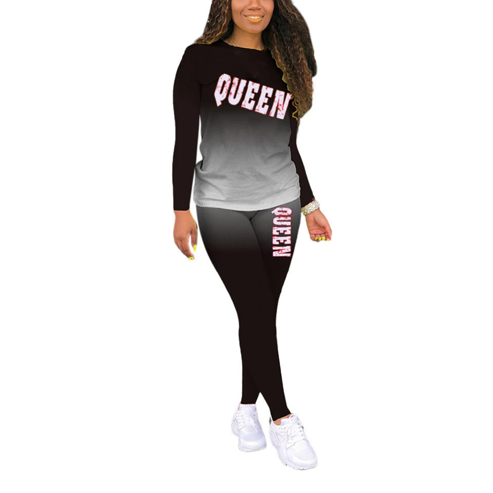 

Women Gradient Long Sleeve O Neck Elastic Blouse Pants Sweatsuit Loungewear