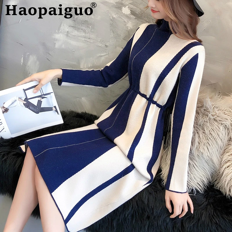 Женское вечернее трикотажное платье миди контрастное черное свитер с поясом и