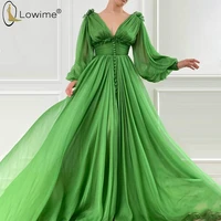 green islamic muslim long sleeve evening dresses 2020 a line sexy split deep v neck puffy evening gowns robes de soir%c3%a9e