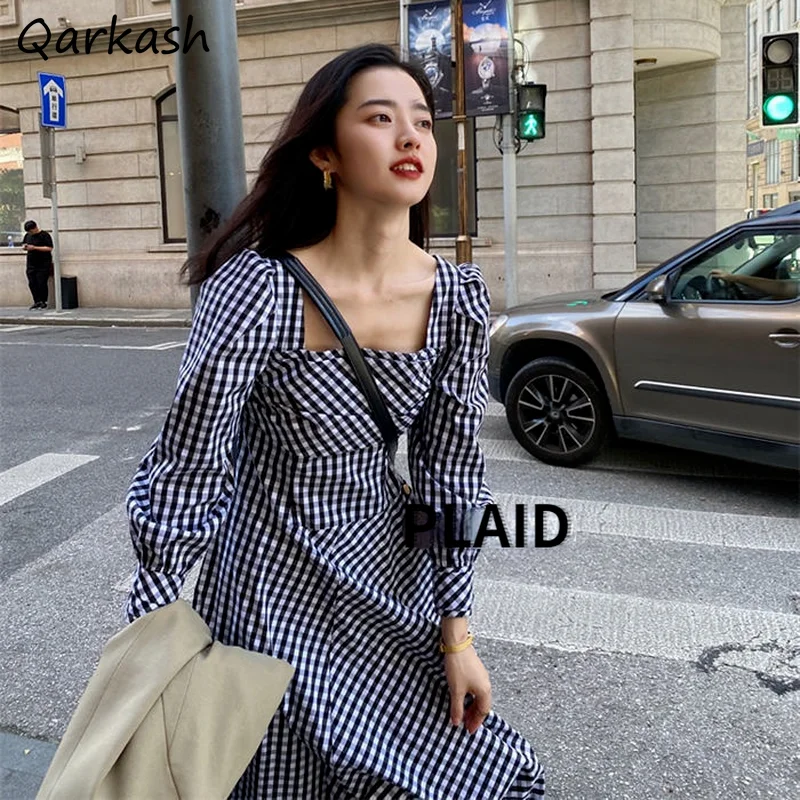 

Dress Women French Style Retro Plaid Vestidos New Autumn Korean Version All-match College Fashion Square Collar Clothes Simple