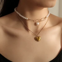 xiyanike 316l stainless steel 2 layer gold color heart necklace pearl chain choker 2021 pendants for women fashion party jewelry