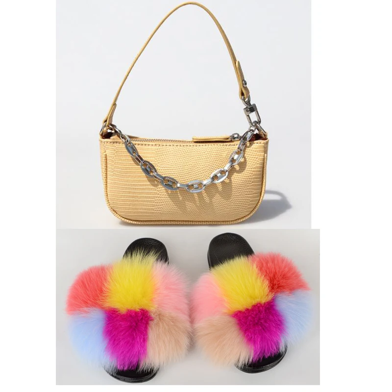 Новинка женская модная сумочка с цепочкой пушистые меховые шлепанцы подходящие
