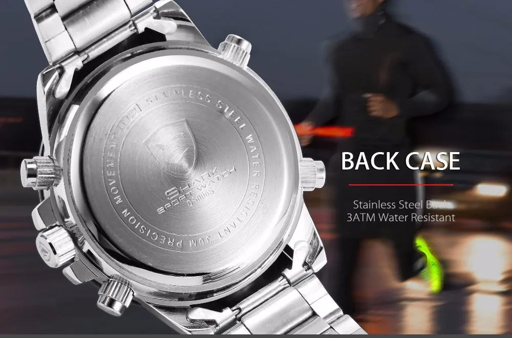 Акула спортивные часы Dual Time Цифровые стали Porbeagle Календарь Будильник Секундомер Мужские кварцевые наручные часы/SH046/047