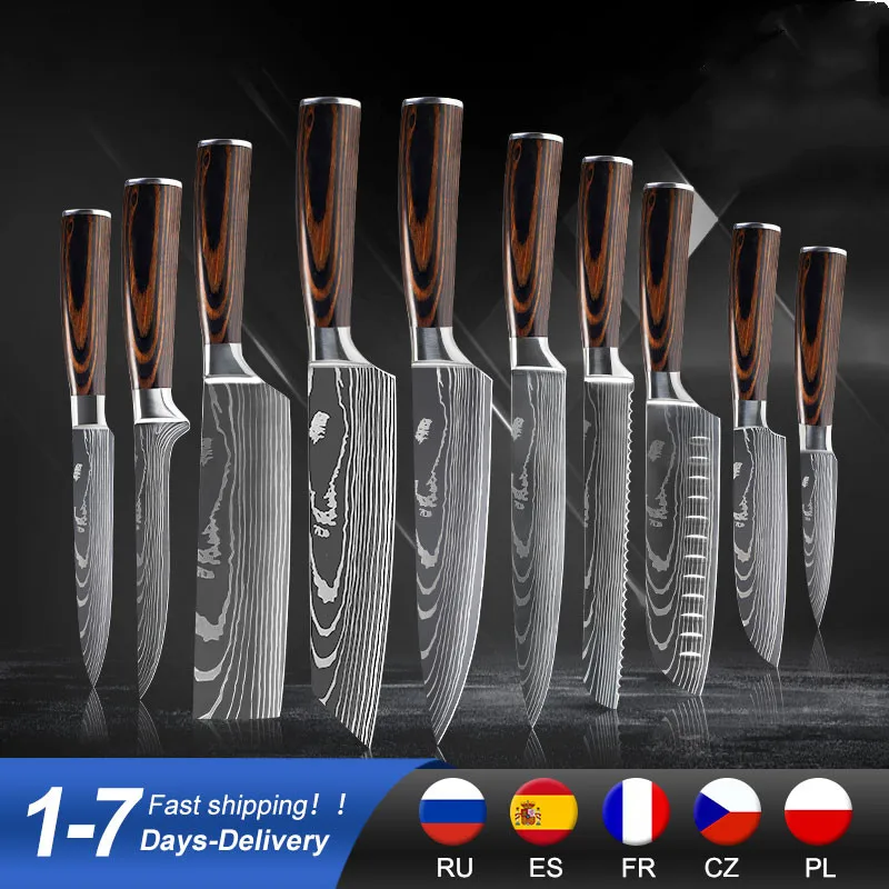 

Kitchen Knives 1-10PCS Set Stainless Steel 7CR17 440C Laser Damascus Japanese Santoku Cleaver Slicing Utility Chef Knife