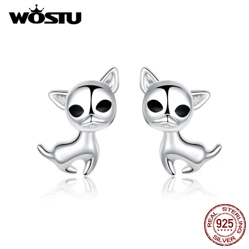 WOSTU 925 пробы серебряные милые серьги-гвоздики в виде Чихуахуа для женщин, серьги для помолвки, милые ювелирные изделия для девочек CQE758