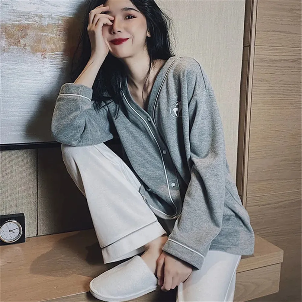 

Women'S Pajamas Spring Autumn Thin Long Sleeve Cotton Cute Korean Style Summer Home Wear Suit Fashion Simple Casual Loose Set