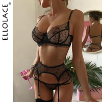 ellolace ruffled erotic lingerie lace underwear set floral bra and garters thongs transparent breves exotic short skin care kits