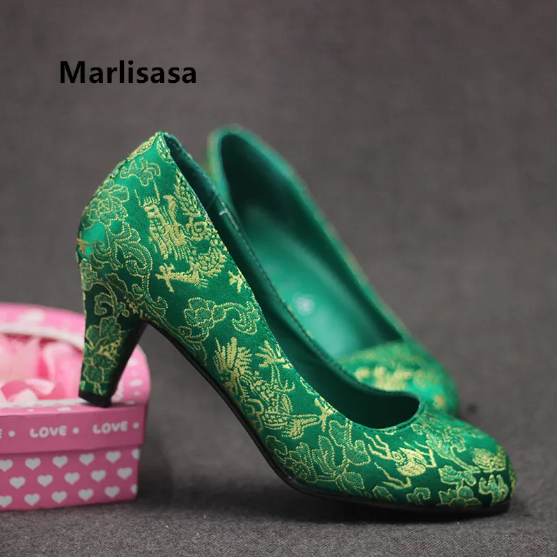 

Marlisasa Women Cute Light Weight Green Floral Pattern Slip on High Heel Pumps Ladies Casual Wedding Red Embroidery Shoes H5519