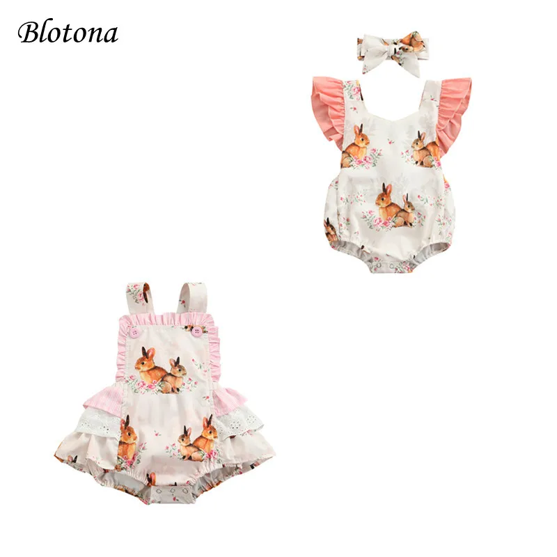

Blotona Infant Baby Girl Easter Set, Floral Rabbit Pattern Print Fly Sleeve Romper Crotch Snap Buttons Headband Suit 0-24Months