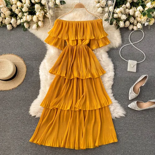 

Sexy Slash Neck Strapless Shoulder Slim Dress Women High Waist Hip Ruffles Patch Solid Vestido Short Sleeve Holiday Robe