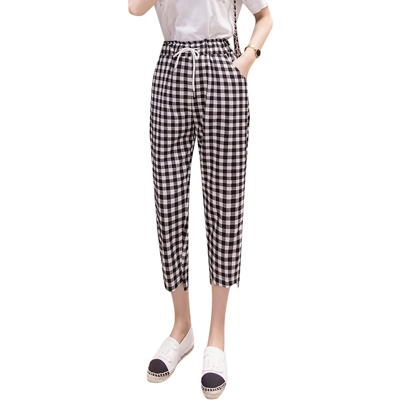 Женские винтажные клетчатые брюки Harajuku эластичные с высокой талией повседневные