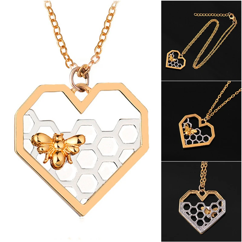 

Dripping Honey Heart Bee Necklace Women Lady Bee Honeycomb Gold Silver Color Heart Shape Pendant Charm Jewelry Accessories Gift