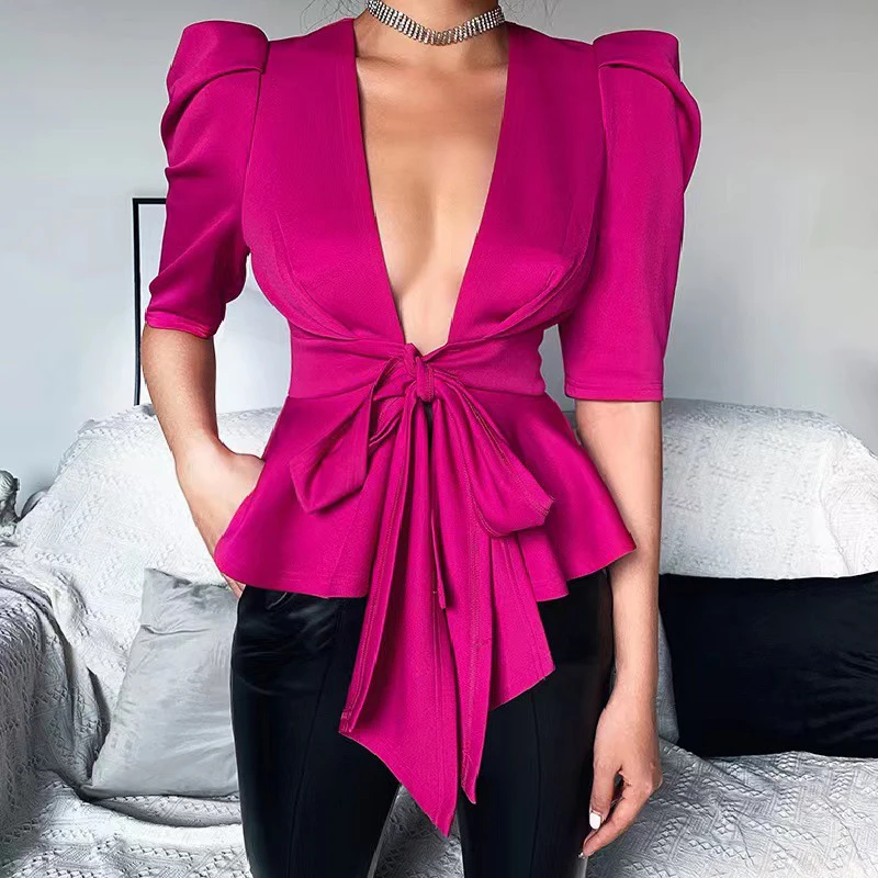 

Women Sexy Hollow Out Puff Shoulder Satin Blouse New Spring Bow Deep V Neck Top Pullover Elegant Autumn Solid Office Lady Shirts
