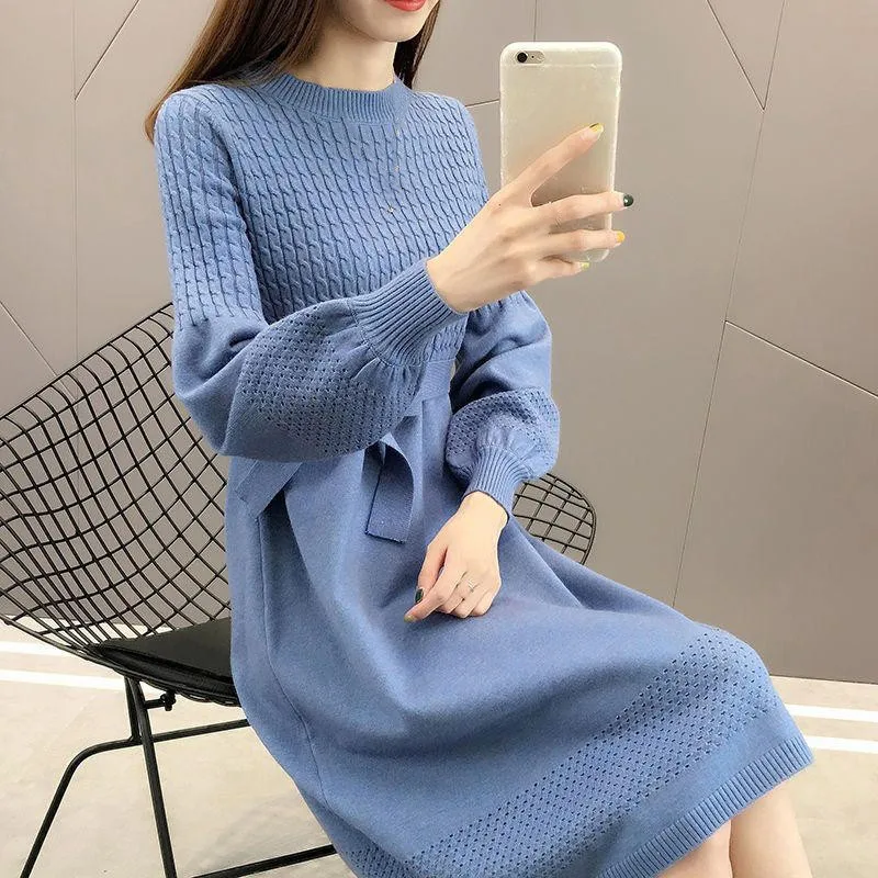 

Autumn Winter Knitted Dress Women Clothing Elegant Loose Solid Sweater Dress Female Vestidos Casual Warm A-Line Dresses Q5325
