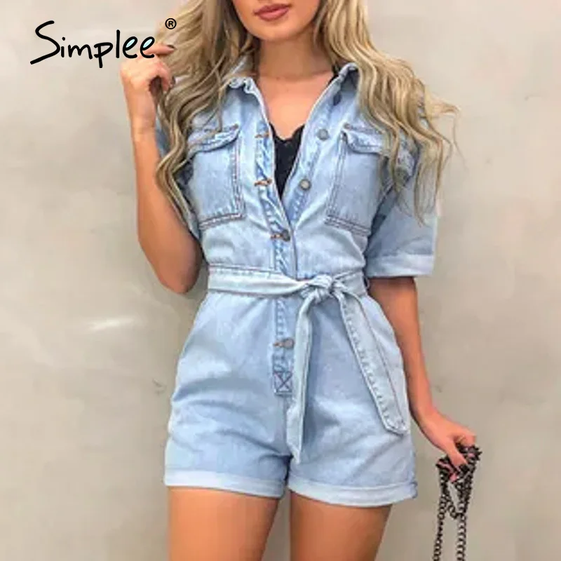 Simplee Повседневный джинсовый комбинезон женские комбинезоны с коротким рукавом и