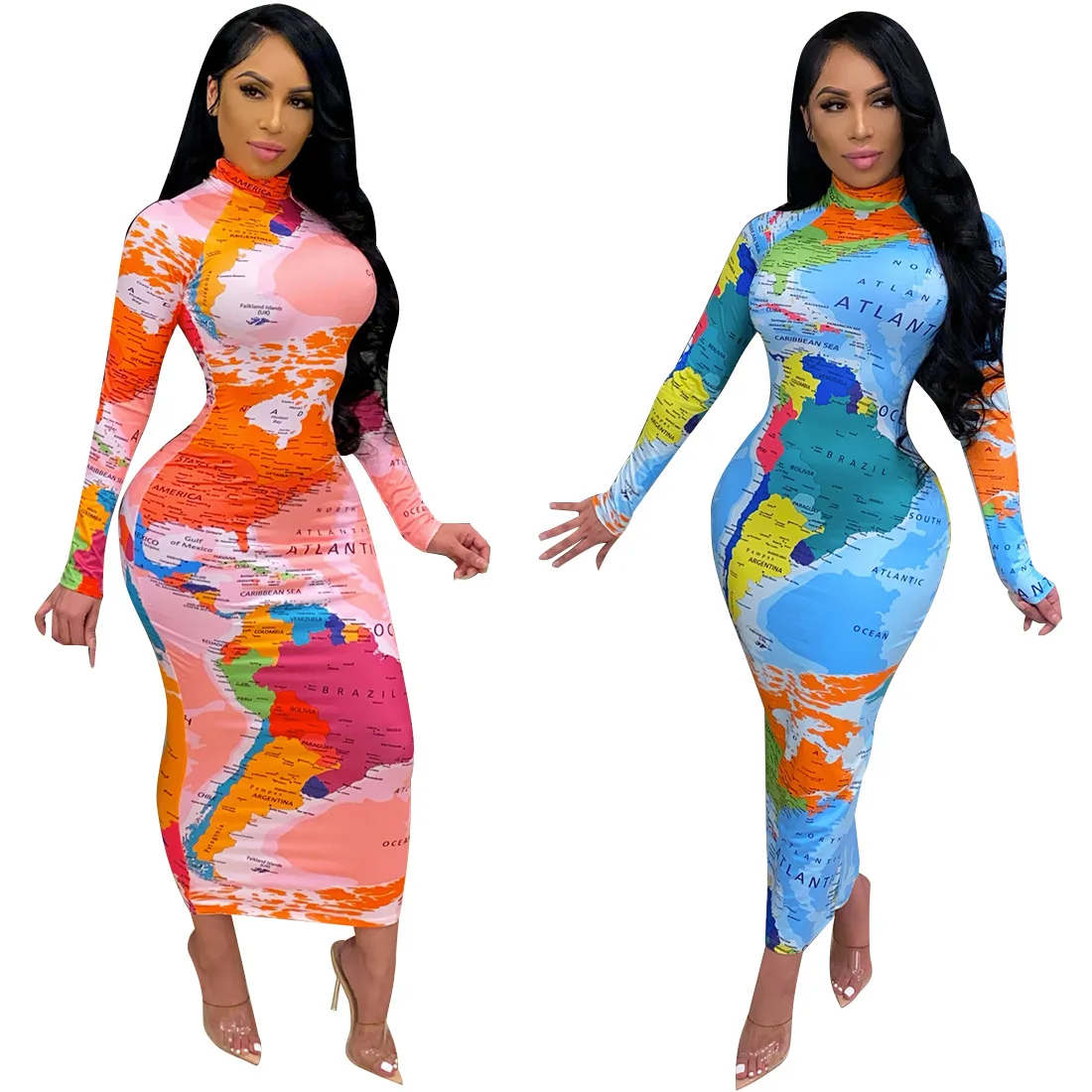 

Women's World Map Print Pullover Dress Elegant De Mujer Robes Robe Femme Vestidos