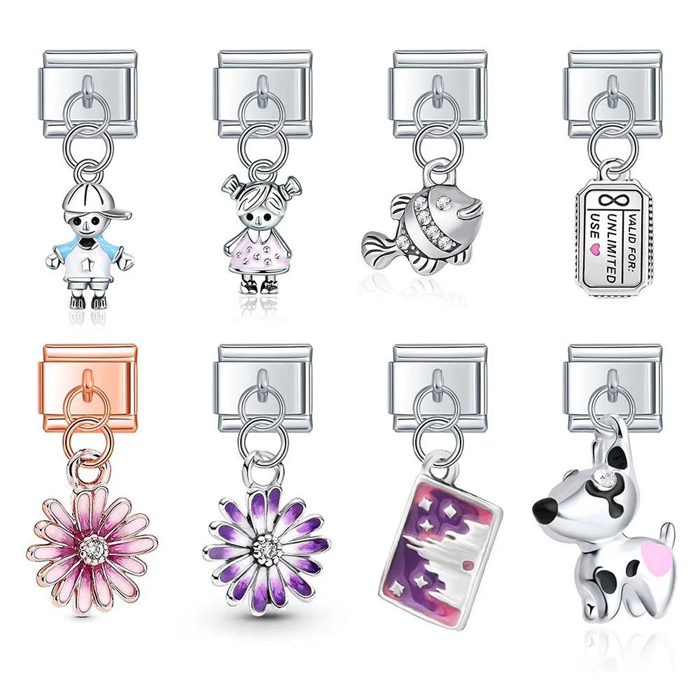 Hapiship Fashion Sweet Flower Fish Rainbow Dog Boy Girls Charm Links Fit 9mm Stainless Steel Bracelet Making DIY Jewelry DJ429
