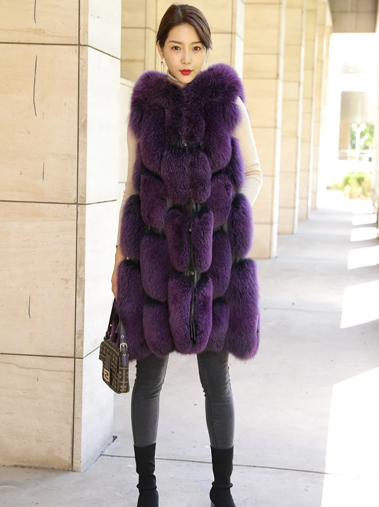 2021 New Real Fox Fur Vest Autumn Winter Jacket Stitching Fur Vest All-match Thin High Quality Purple Furry Thick Warm Coat 60cm enlarge