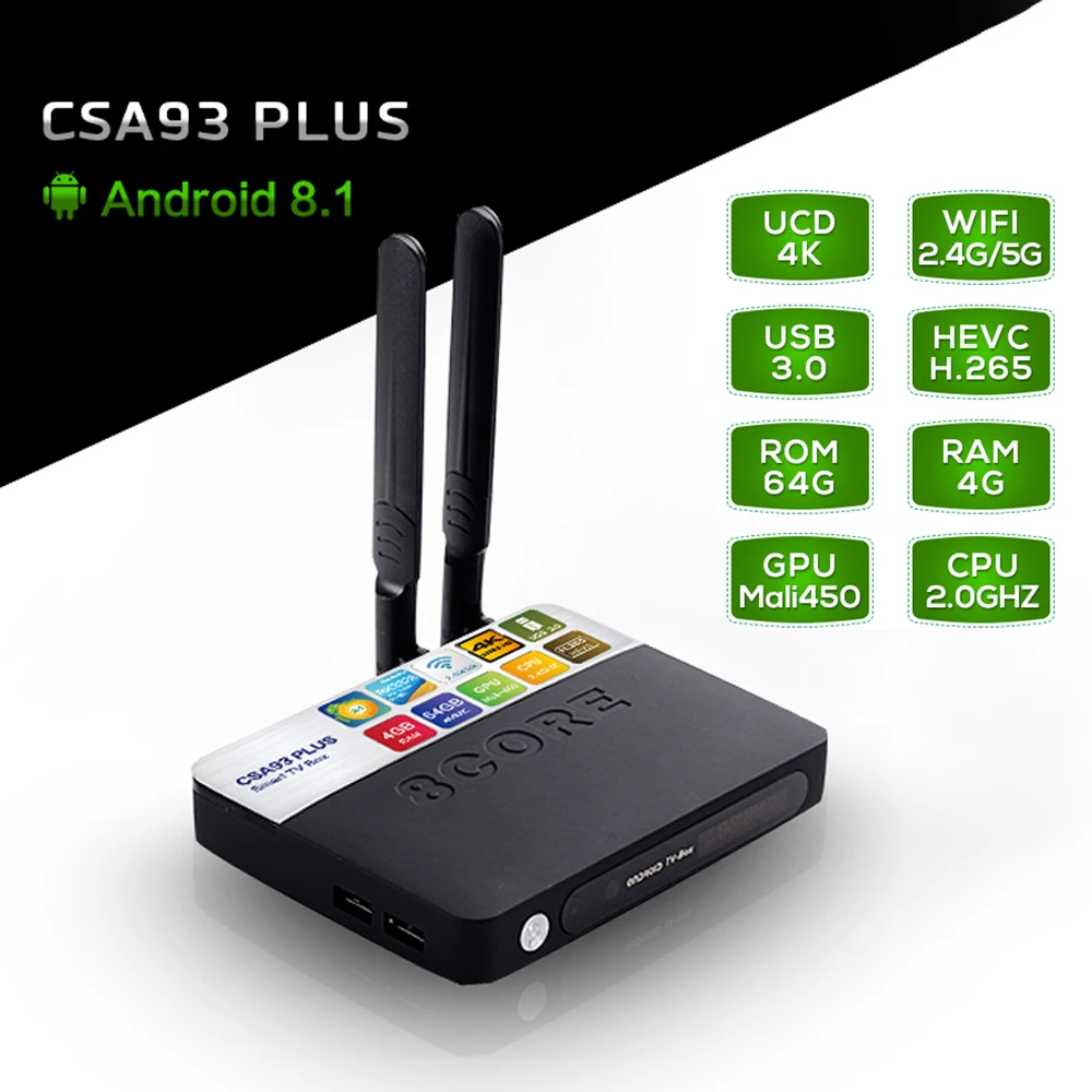 2019 новейший CSA93 Plus Android 8 1 4 ГБ/64 Гб RK3328 четырехъядерный процессор Ultra HD Smart tv Box. 2 4G/5G