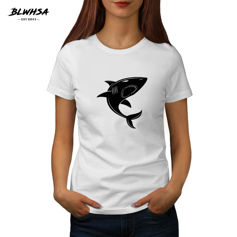 

BLWHSA Shark Printing T Shirt Women Casual Summer Short Sleeve Funny T-Shirt Brand Shark Animal Printed Shirts Women Clothing