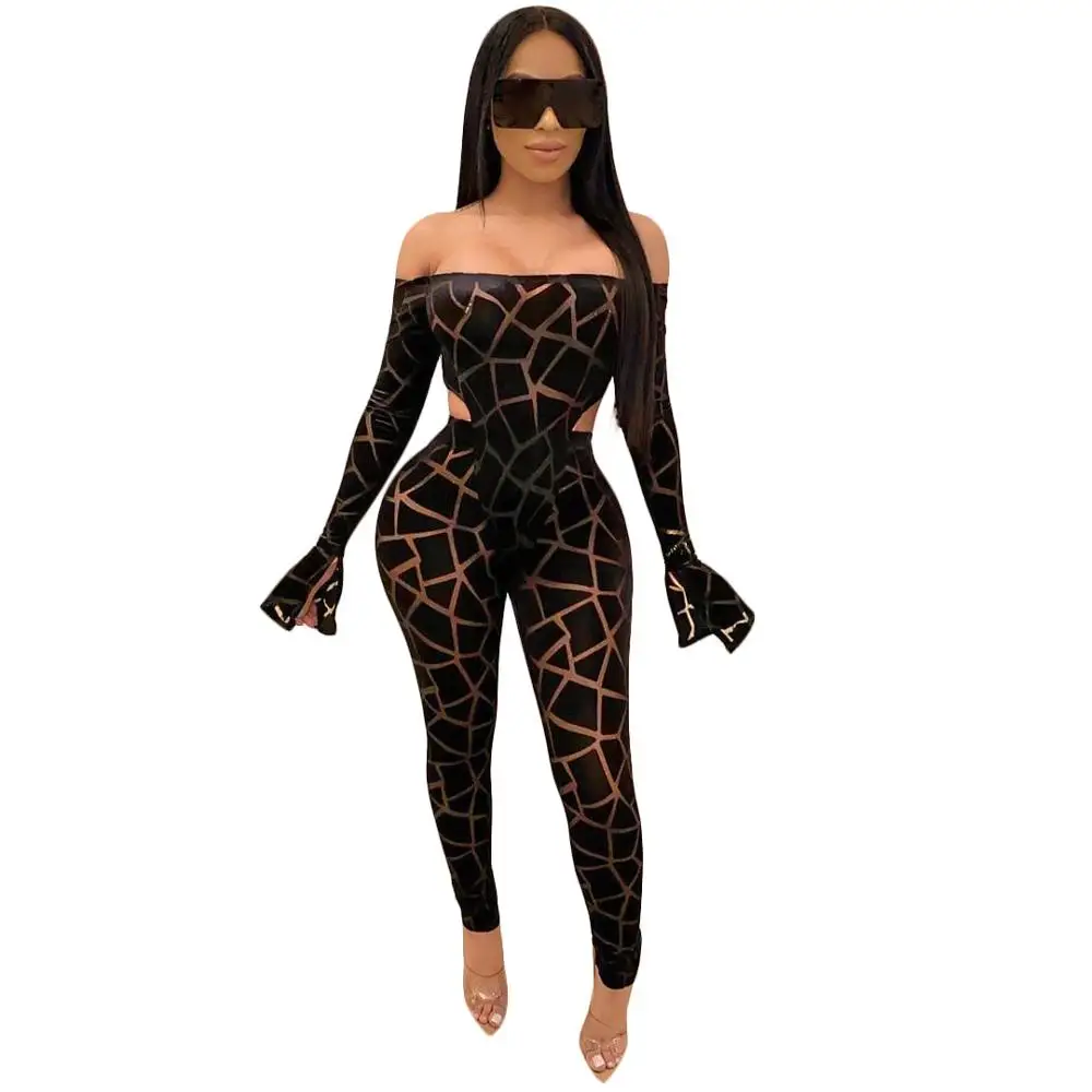 

Adogirl Sheer Mesh Striped Jumpsuit Women Sexy Offf Shoulder See Through Ruffles Sleeve Pencil Pants Bodycon Women Jumpsuit