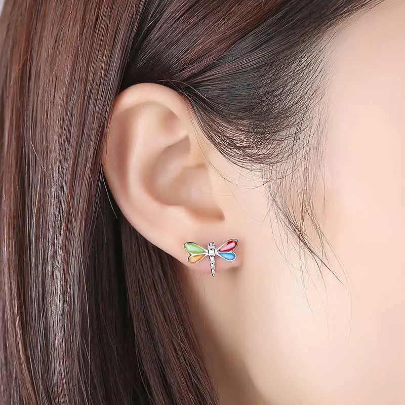 TONGZHE Dragonfly Earrings Women/men 925 Sterling Silver Stud Rainbow Cute Animal Flying Angel Wings Luxury Jewelry on - Ожерелье Dragonfly TONGZHE для женщин/мужчин из серебра 925 пробы с радужными крыльями ангела, красивым животным, летающим. Роскошное 