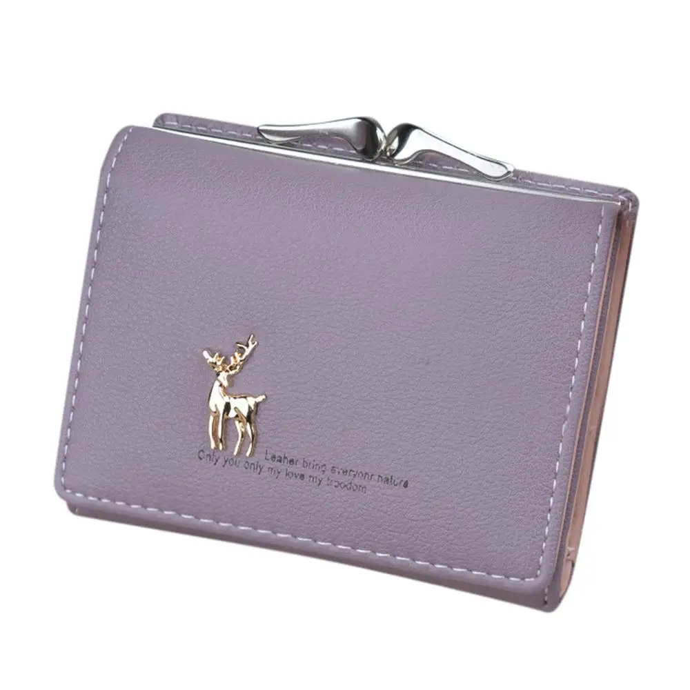 Фиолетовый Cute Deer Women Mini Wallet Short Leather Wallet Girl Folding Wallets Clutch Pu Card Holder Ladies Purses Retro Coin Purse L*5 - Цвет: Фиолетовый