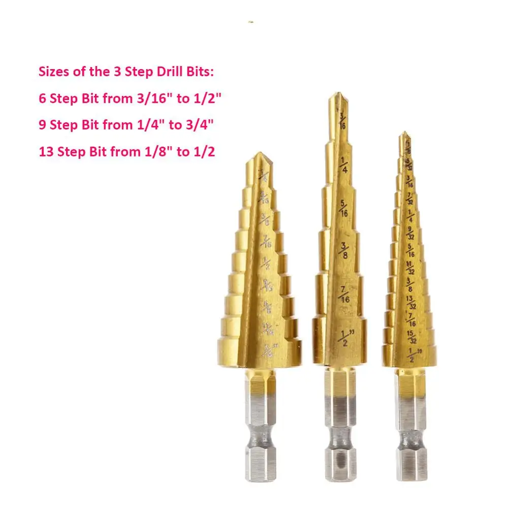 3pcs gold color 110 мм конусное отверстие HSS с титановым покрытием Ступенчатое сверло для бурения электроинструментов HSS 6-60 мм стальной металлический Дырокол - Цвет: 3pcs gold color