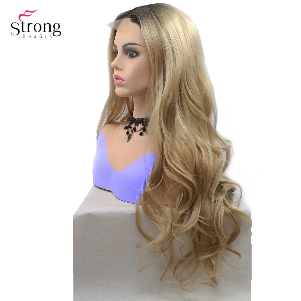 StrongBeauty длинные вьющиеся волосы парик Омбре блонд/розовый синтетические кружева передние парики для женщин