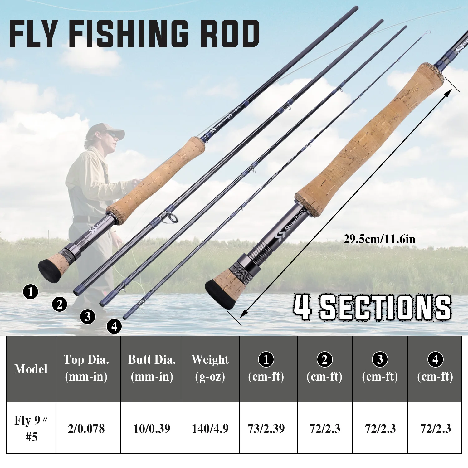 

Sougayilang 2.7M Fly Fishing Rod Portable 4 Section EVA / Metal Handle Carbon Fiber Body Fly Rod Outdoor Bass Fishing Pole