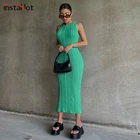Женское вязаное платье InstaHot, повседневное облегающее винтажное зеленое платье-майка без рукавов, лето-осень 2021