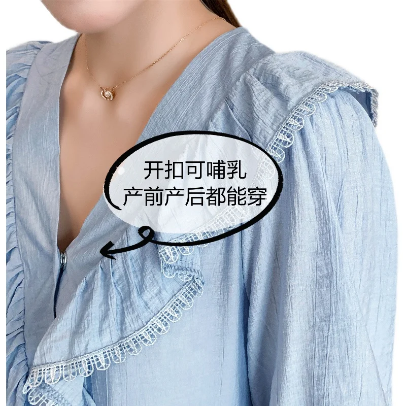 

8215# Summer Chic Ins Cotton Maternity Dress V Neck can Nursing Sweet A Line Loose Clothes for Pregnant Women Ruffle Pregnancy