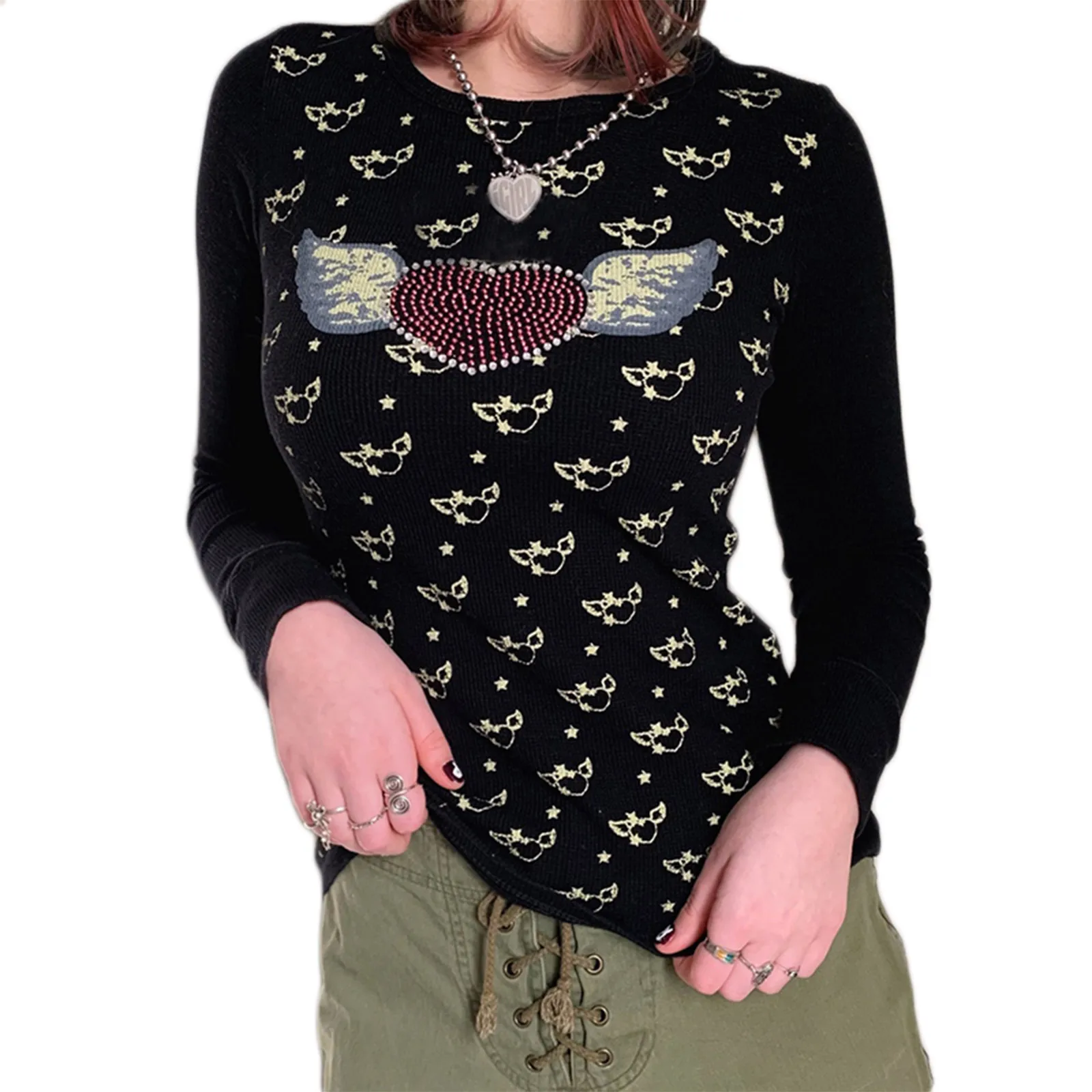 

Women Y2K Crop Top Long Sleeve Vintage Round Neck Cropped Graphic Tee Shirt90s E-Girls Fall Blouse Tee Streetwear
