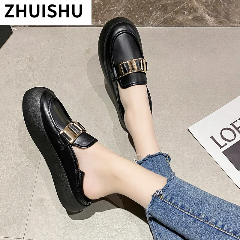 

Summer Slipper for Women Shoes Fashion Flip Flop Platform Muller Shoes 2021 Comfortable Chain Leather Round Toe Women Loafers