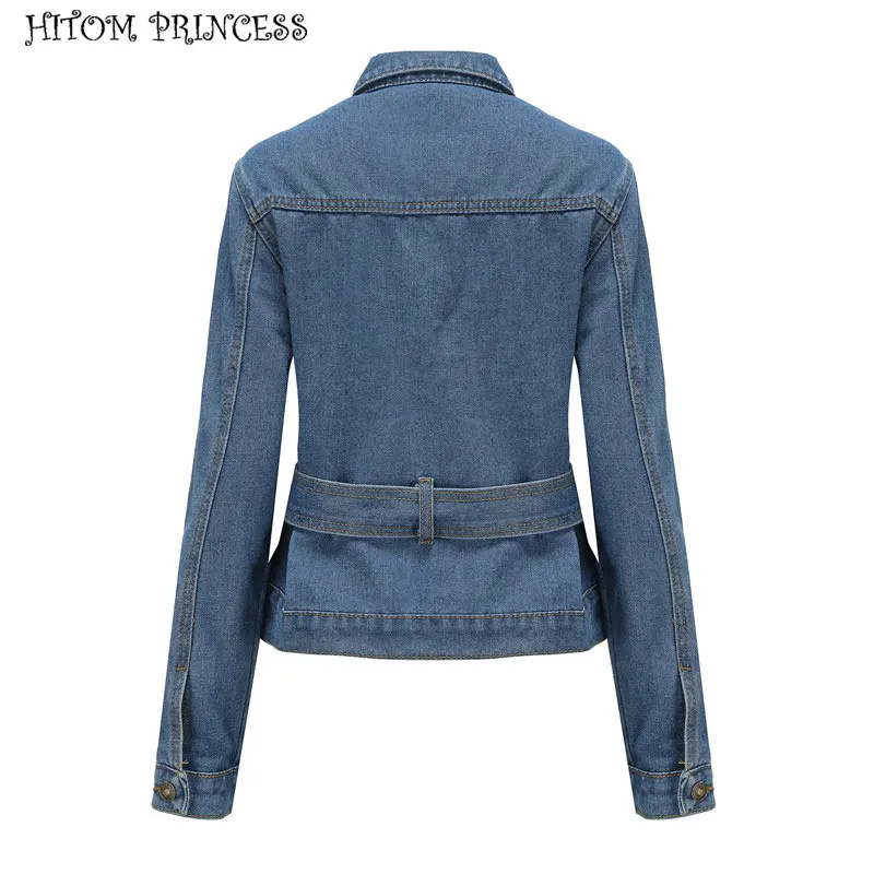 

HITOM PRINCESS Vintage Sash Belt Women Jeans Jackets Autumn Winter Button Denim Coat Streetwear Casual Jacket Female Outerwear