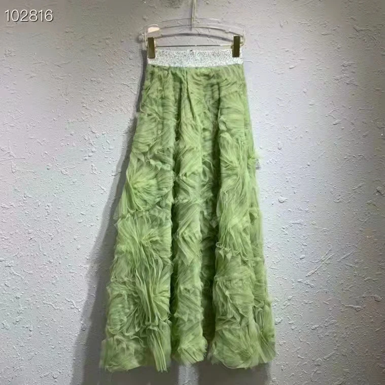New 2022 Spring Long Skirts High Quality Party Events Women Elastic Waist Allover Appliques Flower Deco Casual Maxi Skirt Green