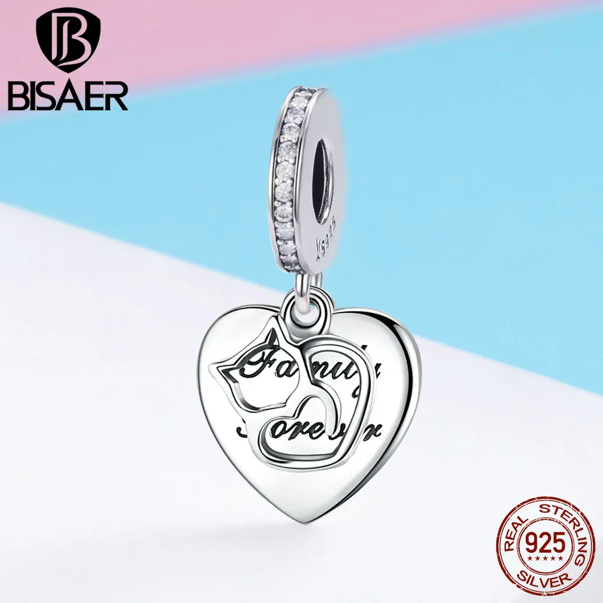 BISAER серебряные амулеты 925, серебряное кольцо для члена семьи, подвеска в виде кошки для женщин, серебряный браслет из бусин, модное ювелирное изделие GXC865