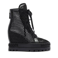 2021 woman black mesh sandal summer patchwork high top sneakers height increasing thick sole platform wedge short boots