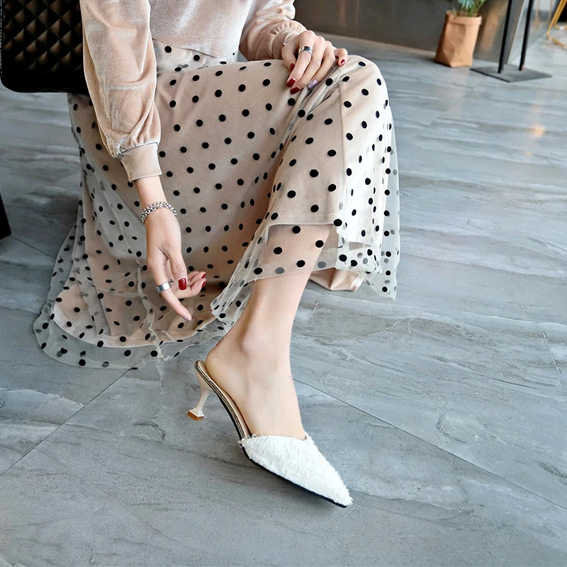 

2020 new summer women's slippers shallow Pointed Flock Set feet women's shoes casual Outside Party Thin Heels fur slides