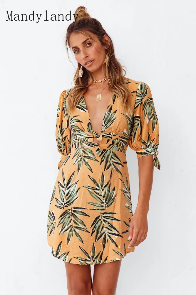 

Mandylandy Summer Floral Print Slim Fit Dress Women's Sexy V-neck Short Sleeve Lace Up Hollow Out Backless Dress