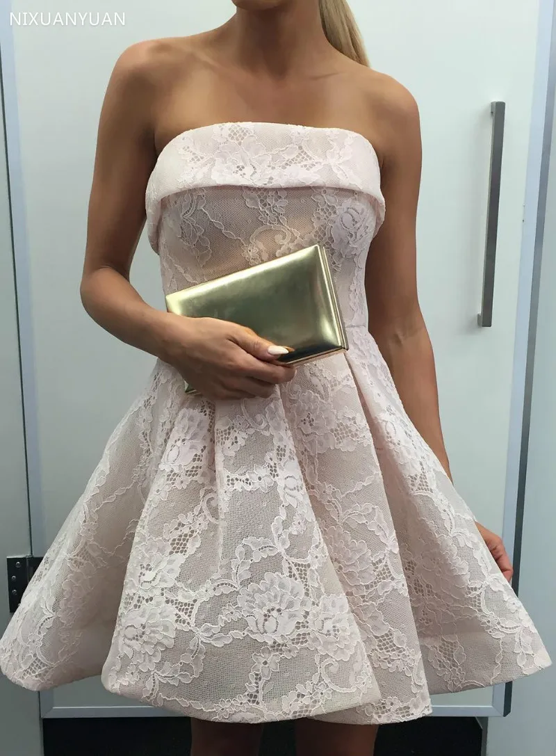 

2021 Elegant Cocktail Dresses A-line Strapless Short Mini Lace Party Plus Size Homecoming Dresses
