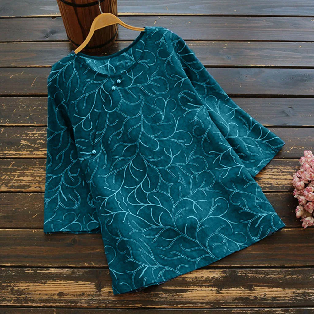 

Women Fashion Casual Solid Floral Printed Shirts Three Quarters Sleeve V-neck Shirts Female Blouse
